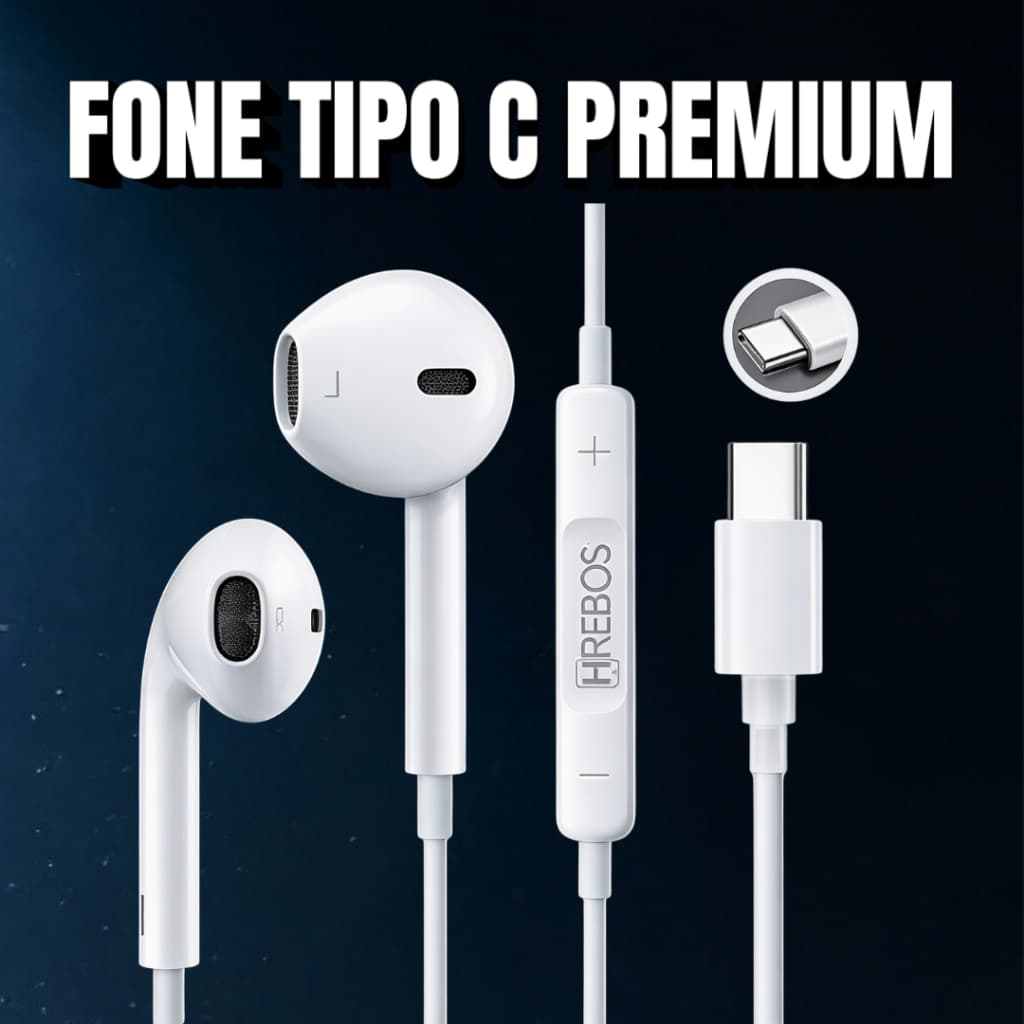 Fone De Ouvido Tipo C USB-C Com Microfone Som Estéreo Celular Iphone15 / 16  / 17 Android Xiaomi Samsung