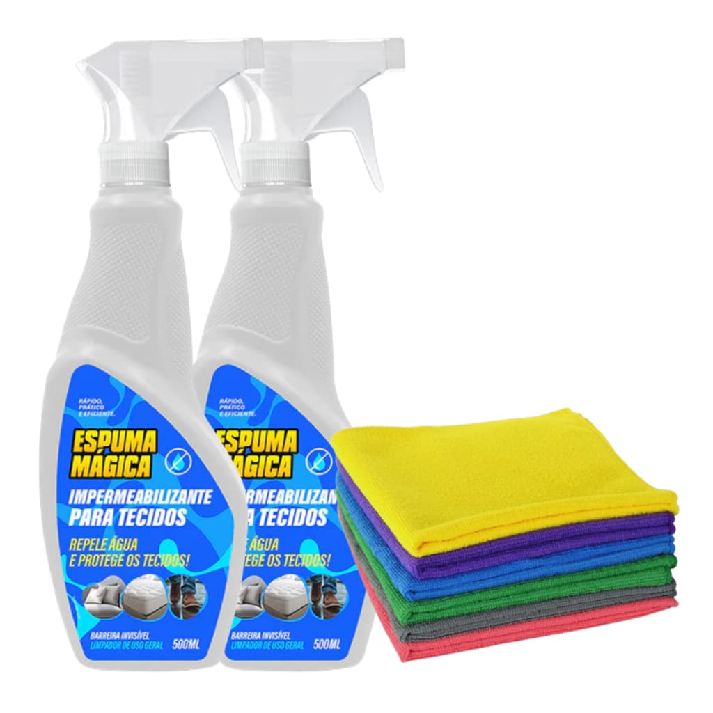 Kit C/ 2 Espuma Mágica Impermeabilizante De Tecidos Sofas Bancos Toalhas 500ML + Pano