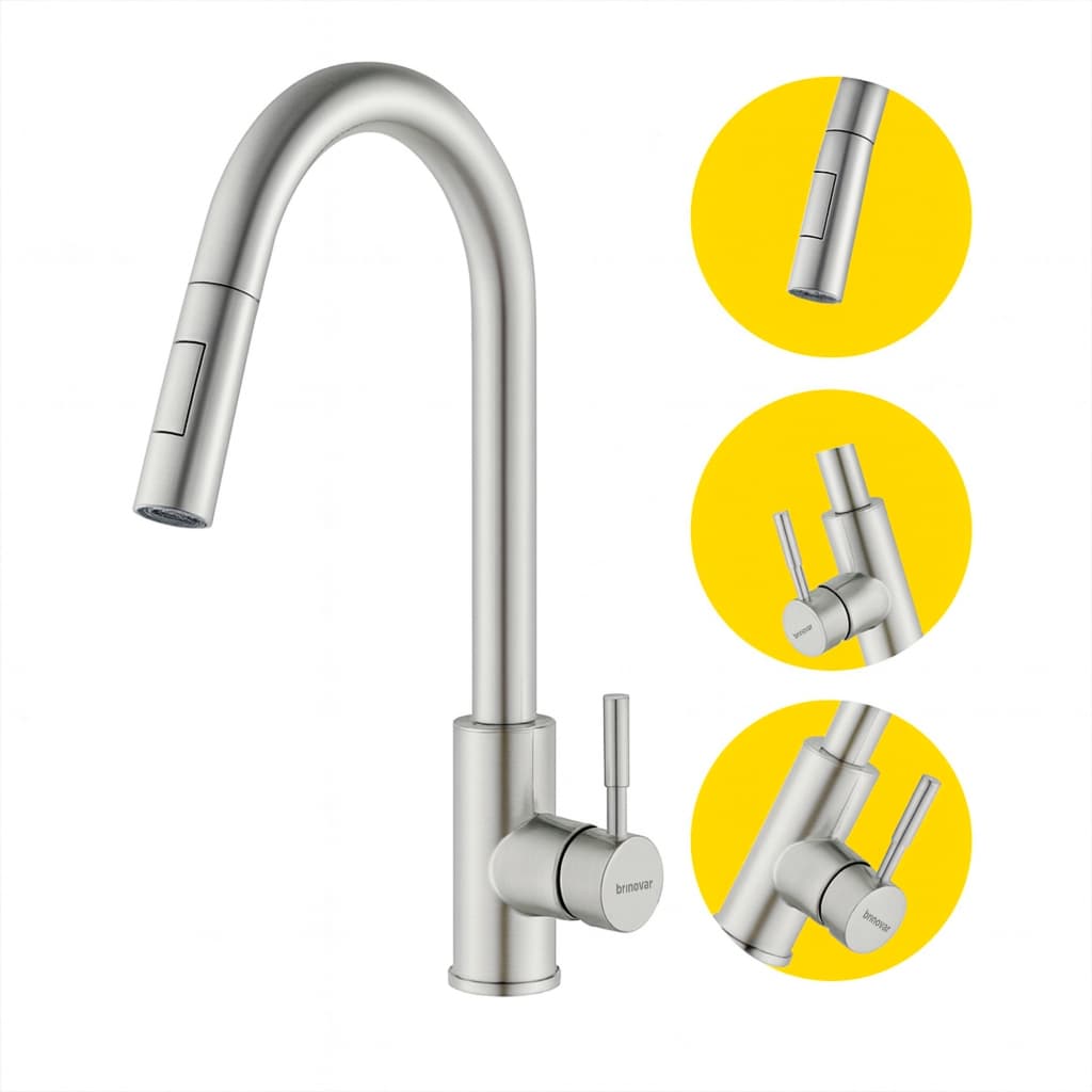 Torneira Misturador Monocomando Gourmet de Bancada Cozinha Aço Inox 304 com Extensor Prata Brinovar