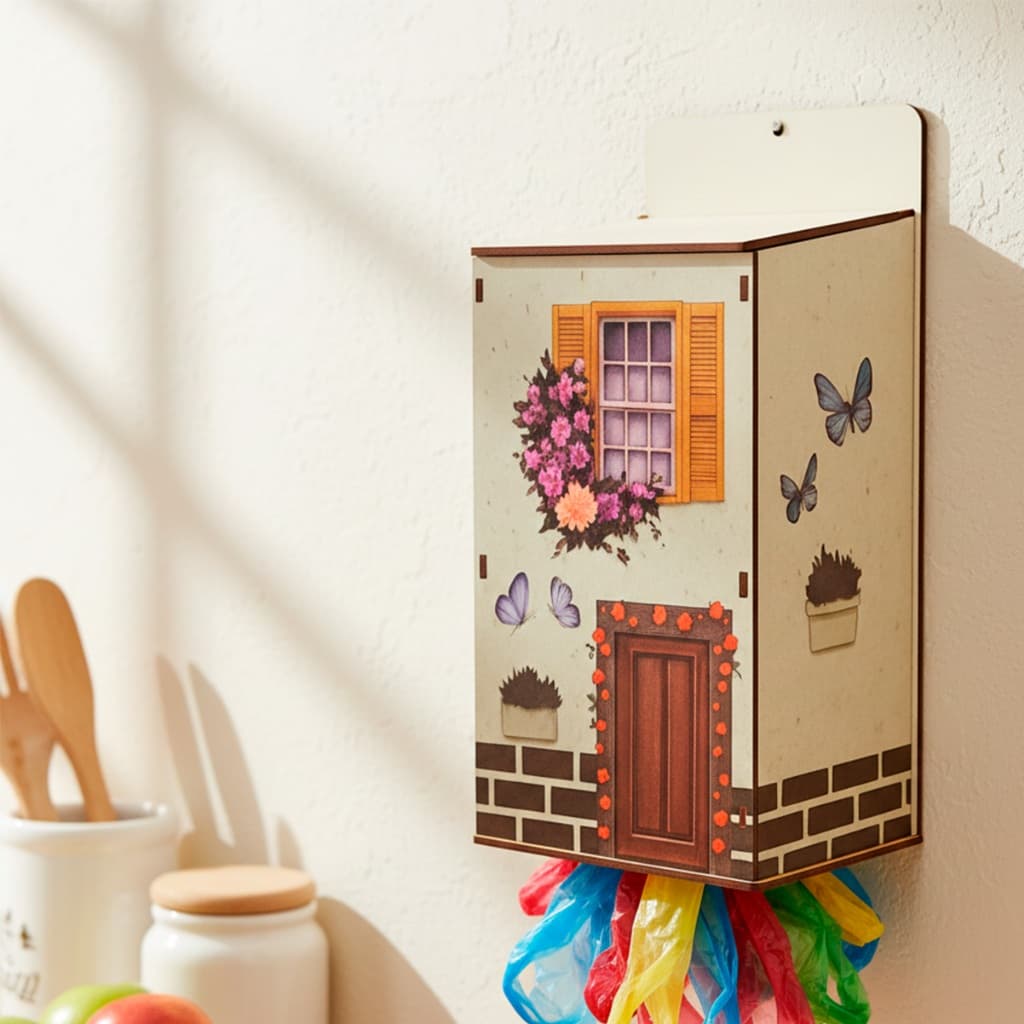 Organizador de Sacolas Puxa Saco MDF Adesivado Casa Decorativo | Porta Sacolas Cozinha Lavanderia Parede