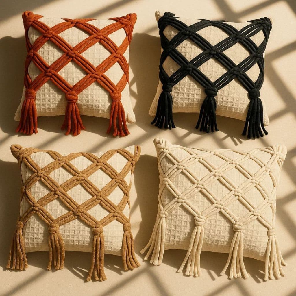 Capa Para Almofada Artesanal 45x45cm – Macramê Estilo Boho em Algodão para Sofá e Decoração