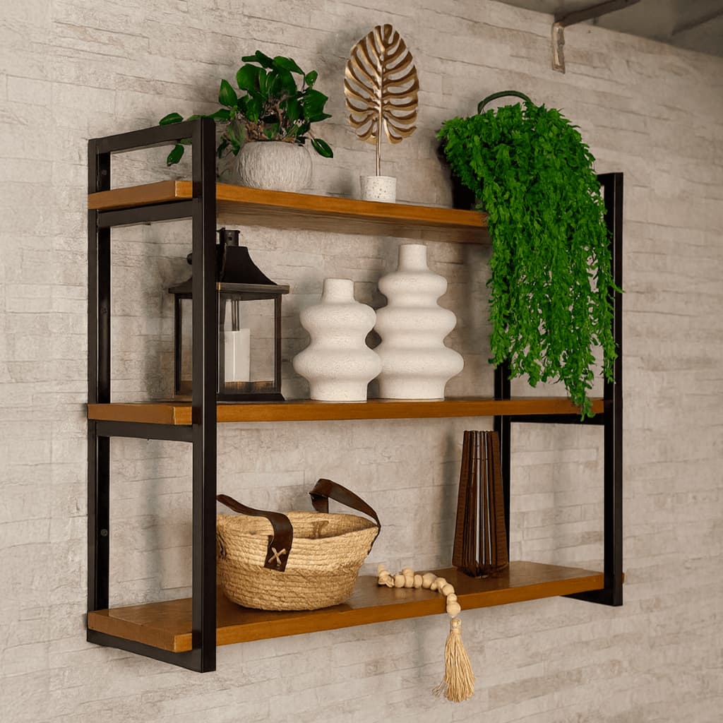Prateleira Industrial de Parede Tripla Ferro 20mm 24x63cm Pinus 80x20cm