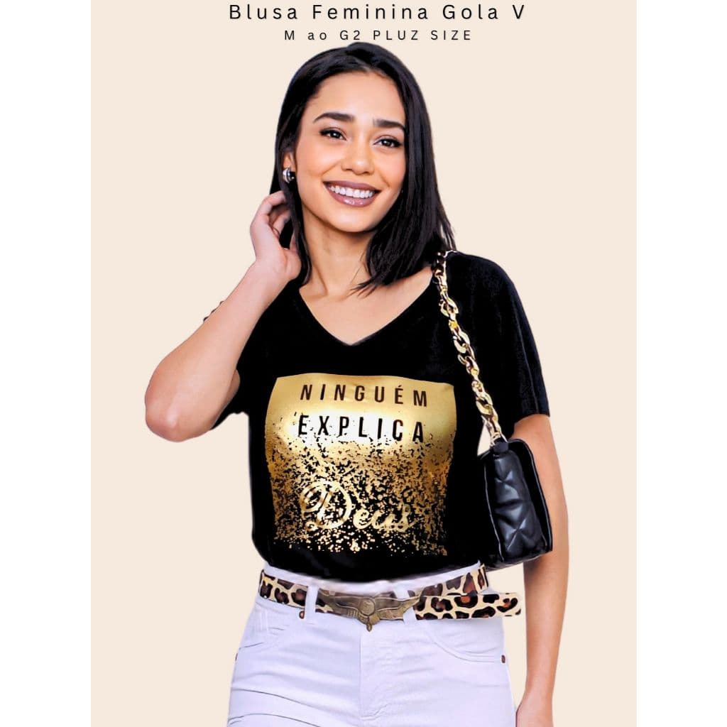 Blusa Feminina de Viscolycra Moda Cristã Camiseta gola V Confortável e Elegante Mensagem Inspiradora
