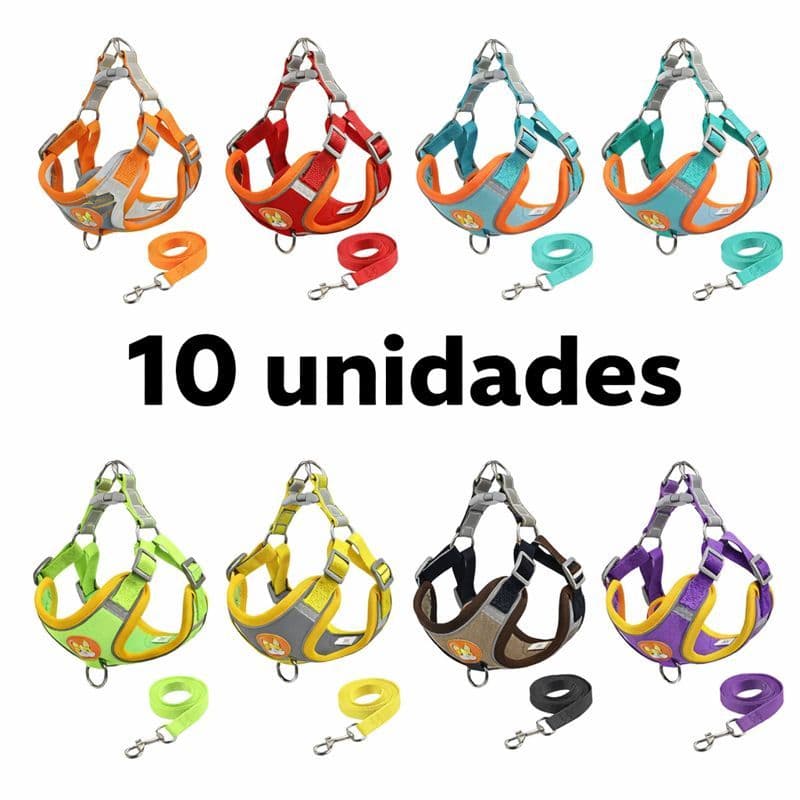 Coleira Peitoral com Guia Ajustável 10 PÇS – Conjunto para Cachorros e Gatos