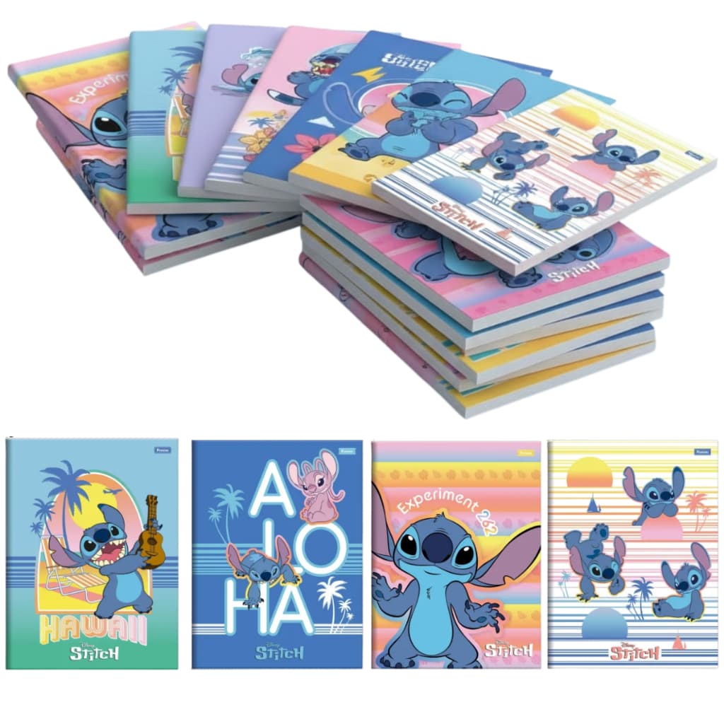 Kit 4 Cadernos Stitch Brochura Pautado 80 Folhas Volta Aula