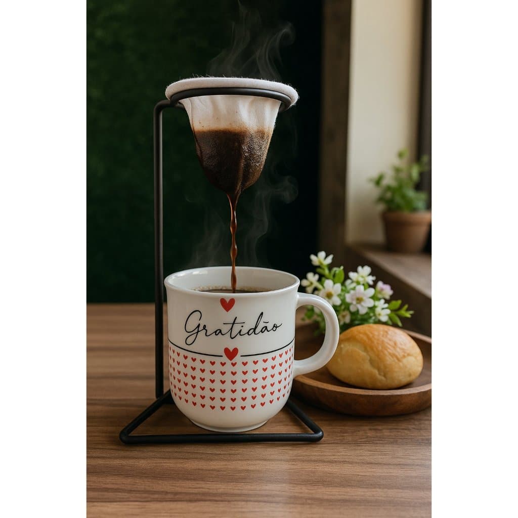 Kit Cafezinho individual - Mini Coador de Café com suporte + Xícara Em Porcelana de 200 ml Amor Coração.