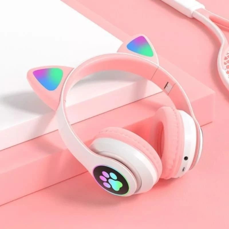 Fone de Ouvido Gatinho Bluetooth LED Sem Fio Dobrável Infantil Ajustável com Microfone
