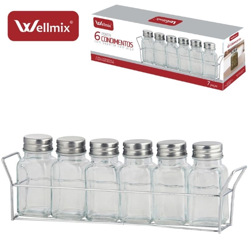 Porta condimentos vidro kit 7 peças 6 potes 90ml mais suporte cromado