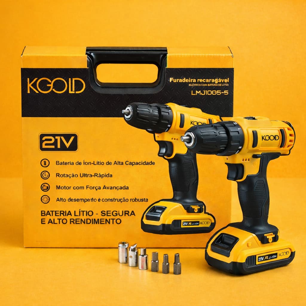 Kit Furadeira Parafusadeira de Impacto KGOLD 21V com 2 Baterias + Maleta + 28pcs Bivolt 110/220V
