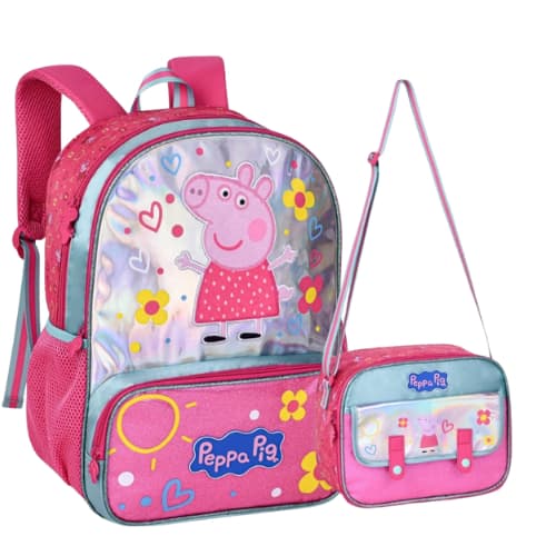 Kit Mochila de Costas Peppa Pig + Lancheira térmica Infantil Acabamento Holográfico e Alças Ajustáveis Clio