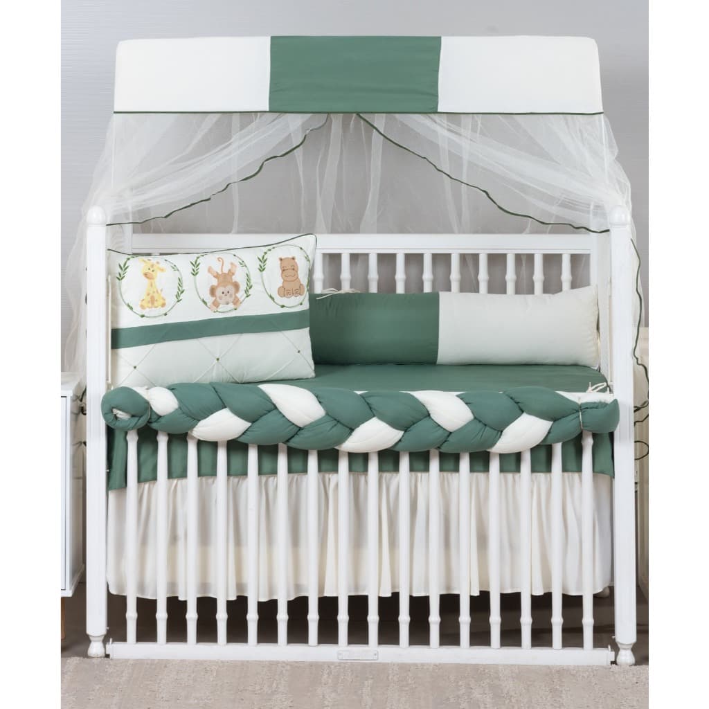 Kit Berço Safari 9 Pçs -Enxoval Completo com Protetor Trançado ,Almofada Decorativa e Mosquiteiro