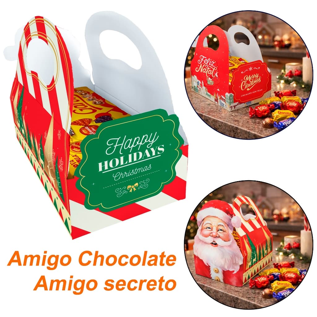 10 Caixa para Bombom e Chocolate | Embalagem Presente de Natal com Alça kit 10 unidades
