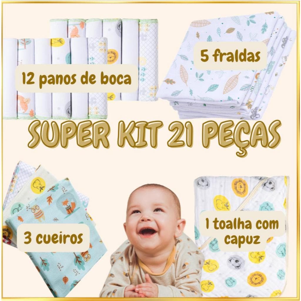 Kit enxoval bebê 21 peças 100% algodão  toalha com capuz fralda cueiro pano de boca Pronta entrega