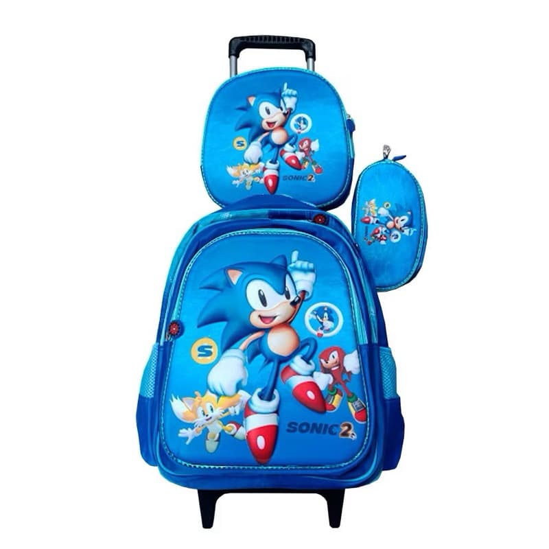 Kit Mochila (brilhante )de sonic com Rodinhas em 3D + Lancheira Térmica + Estojo Escolar Menino Alto Relevo