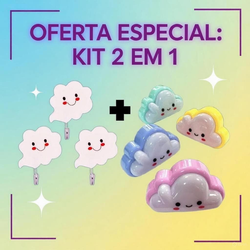 Kit Mini Abajur Infantil Nuvem LED de Tomada + 3 Ganchinhos Adesivos Decorativos Quarto Bebê