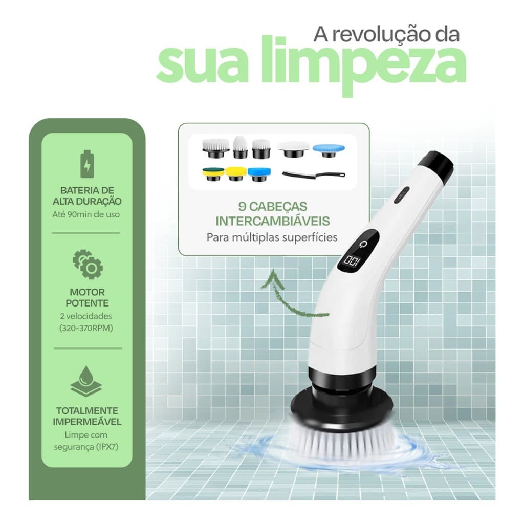 Escova Elétrica Rotativa Sem Fio 🧼 Cabo Extensor + 5 Escovas | Limpeza Pesada Banheiro Azulejo Rejunte
