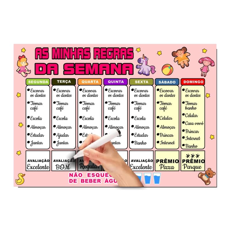 Lousa Magnética Quadro Grande A3 para Anotações Rotina e Organização Diária Infantil com Caneta e Apagador Tema Rosa