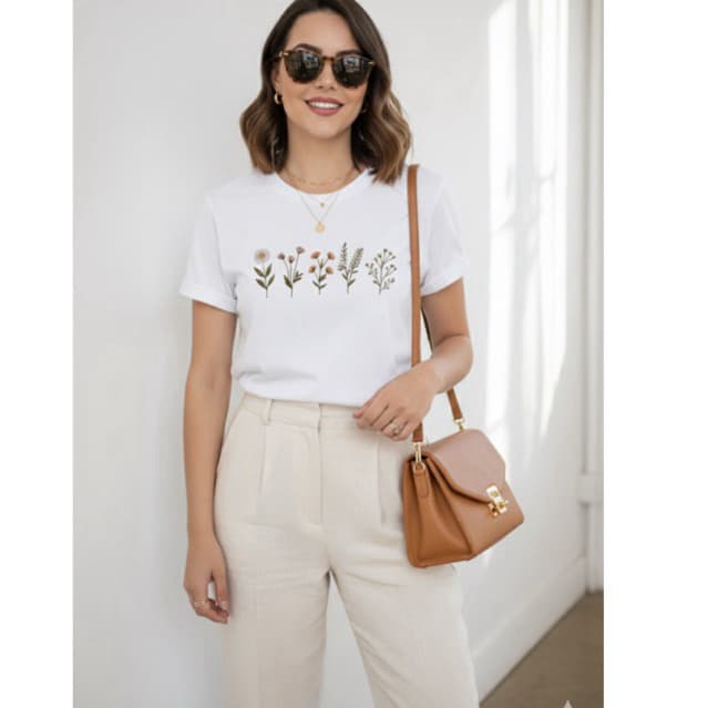 T-shirt 100% Algodão Feminina Flowers Algodão Premium | Camiseta Mulher  Moda Casual 2025