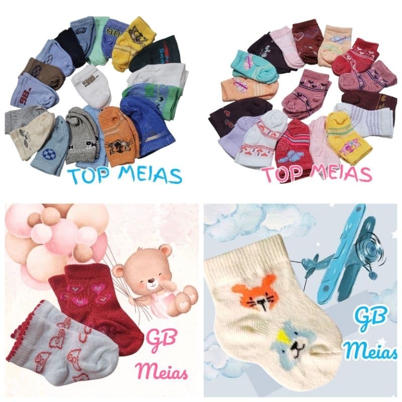 kit 12 Pares Meias Infantis Neném Lisas Sortidas Meia Bebê Menino Menina RN Saída de Maternidade