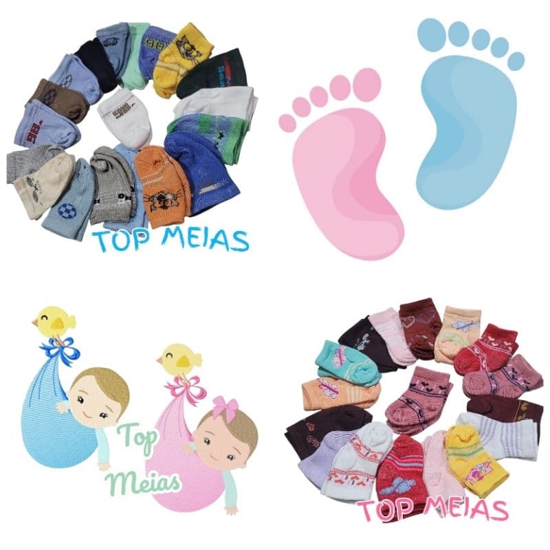 kit 12 Meias Infantis Bebê 0 a 3 Meses Meias Criança RN Menino Menina