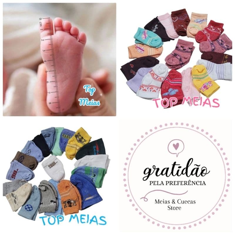 kit 12 Pares Meias Infantil Algodão Recém Nascido Menino Menina Saída de Maternidade 0 a 3 Meses