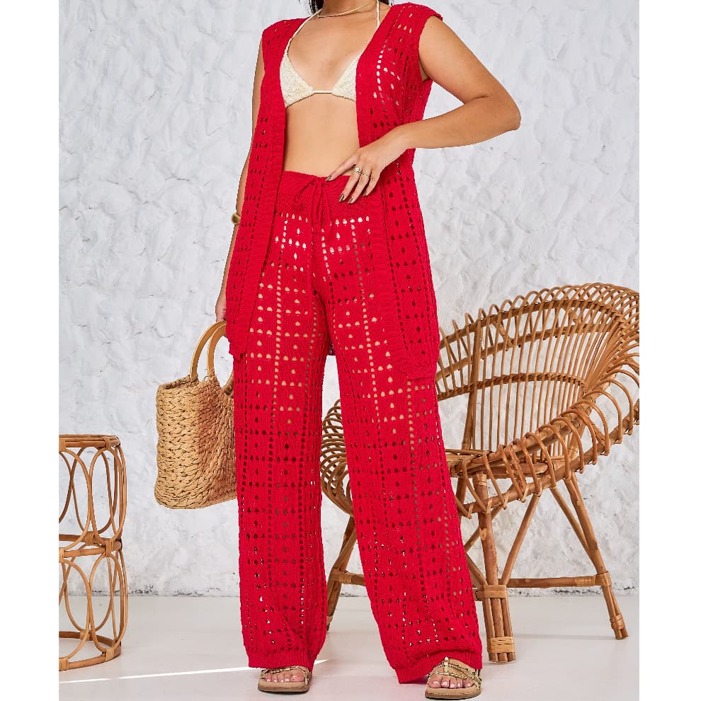 Conjunto Feminino Saída De Praia Tricot Vazado Roupa Feminina Look Verão Elegante Com Calça