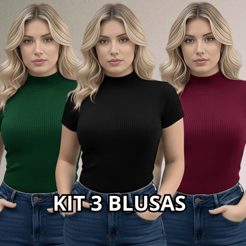 Kit 3 Blusa Canelada Feminina Gola Alta Manga Curta Estilosa Canelado Premium