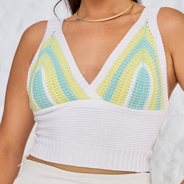 Cropped Feminino Tricot Crochê Alça Colorida Moda Verão Roupa Feminina Cropped Tendência