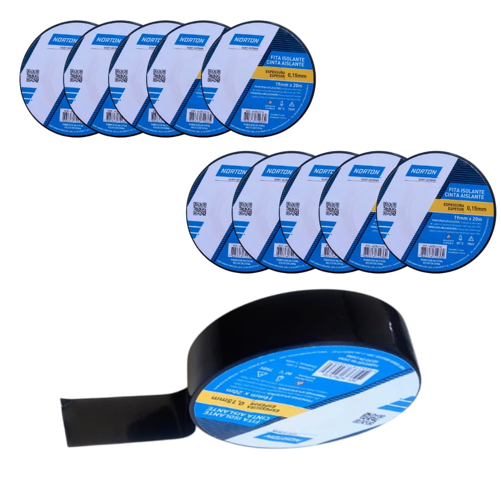 10 Fitas Isolantes Norton 19mm X 20m Profissional Antichamas Preto