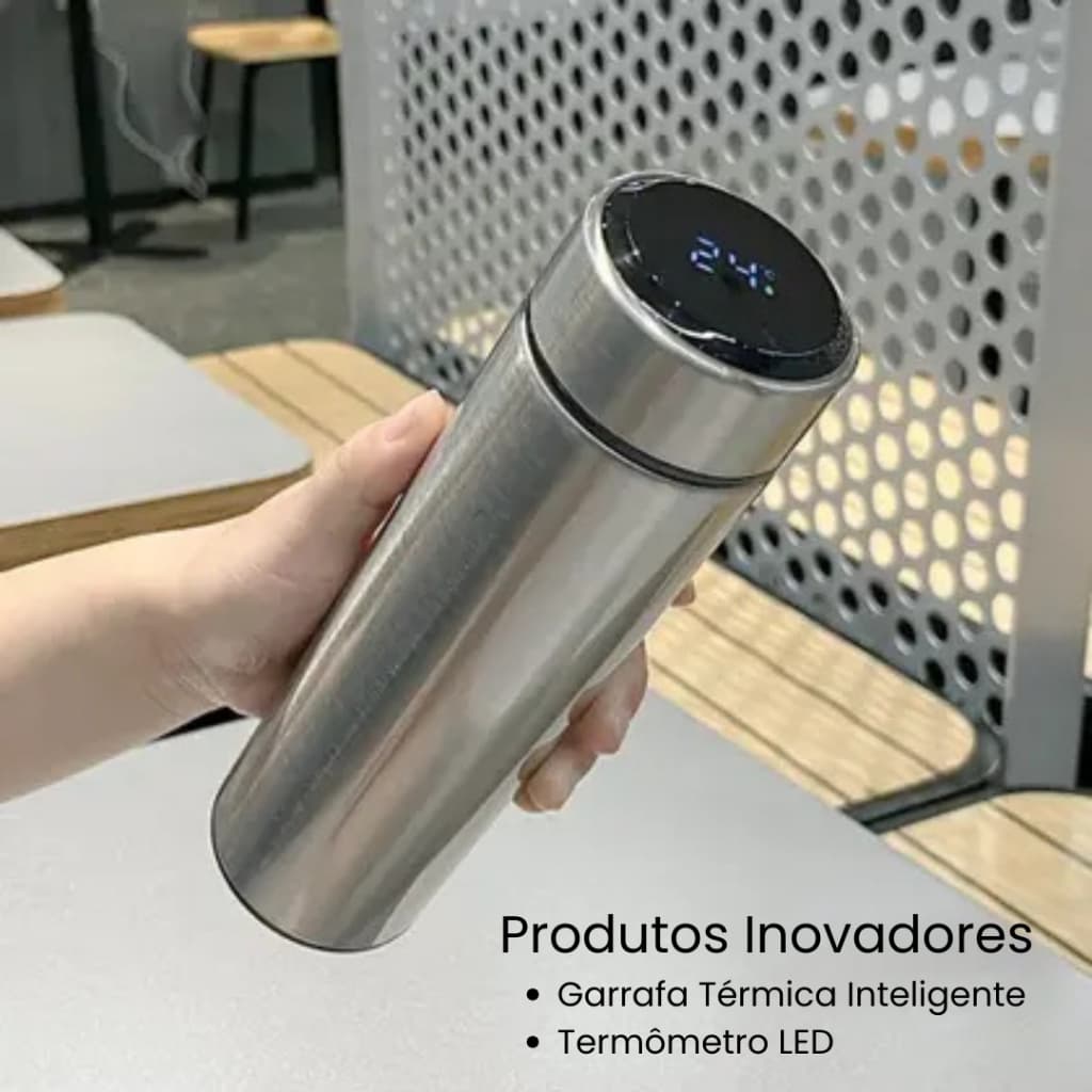 Garrafa Térmica 500ml com Termômetro Digital LED Squeeze – Inox Prata