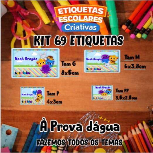 Kit etiqueta escolar com 69 etiquetas - Adesivo vinil a prova d'água- Etiqueta escolar- Volta as aulas-Bolofofos