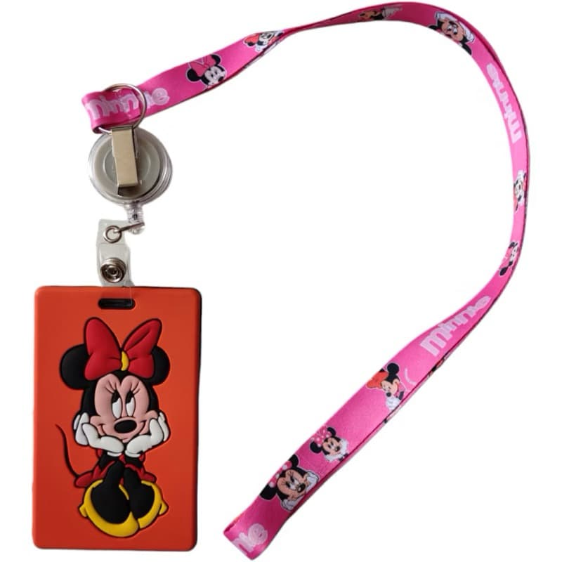 Porta-Crachá Infantil Mickey e Minnie - Kit com Cordão e Clip Retrátil Emborrachado | Identificador Vertical Escolar