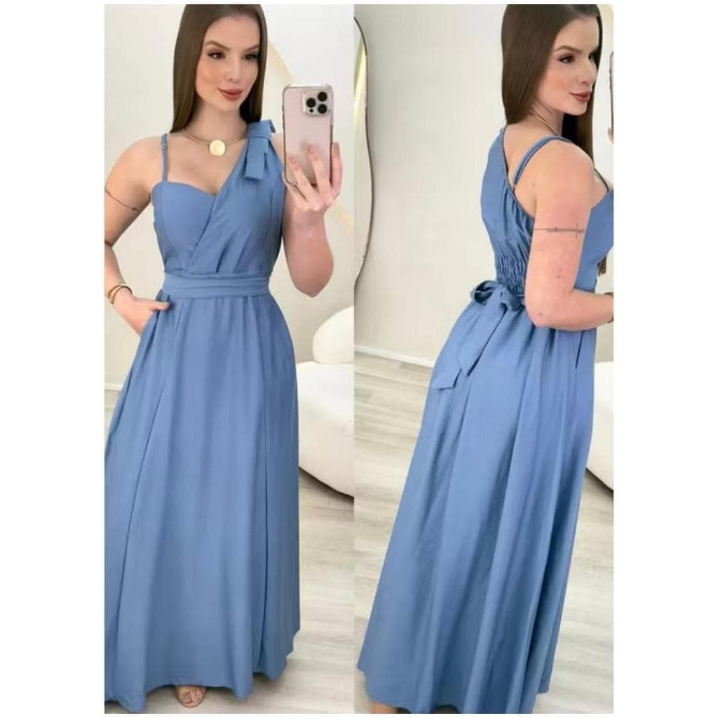 Vestido Longo em Tecido Duna linho com Laço no Ombro Único e Regulador do Outro Lado, com cinto e bojo