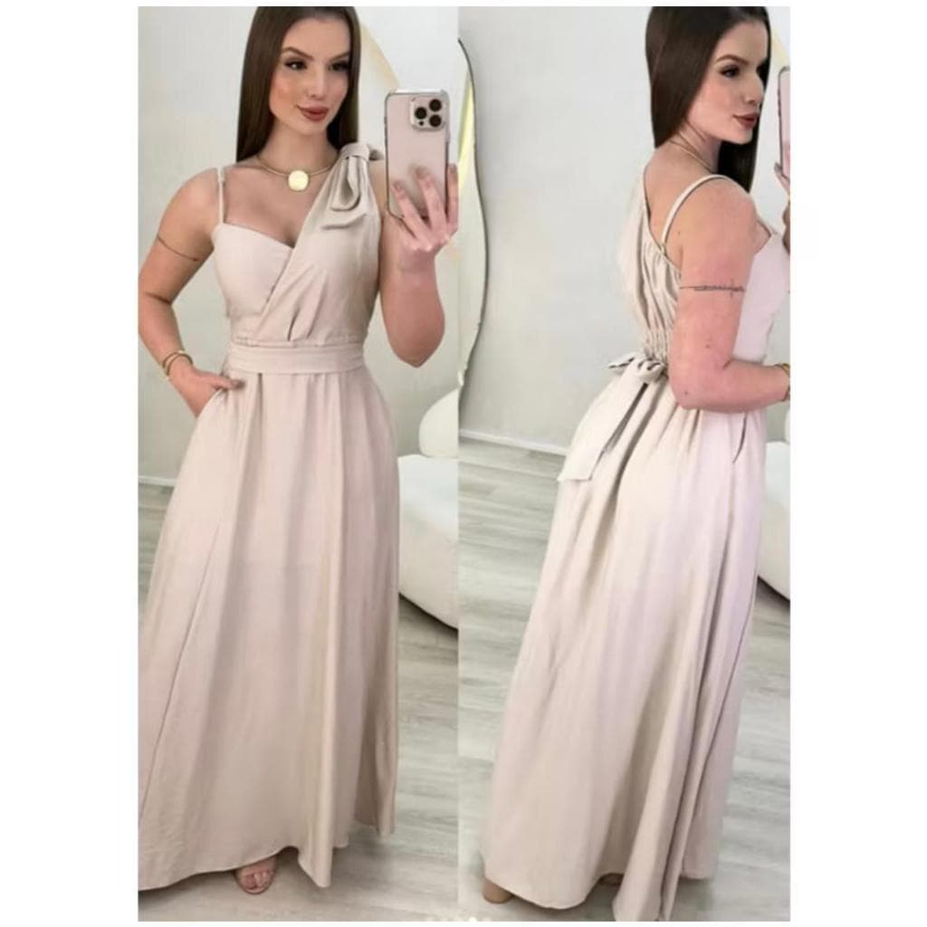 Vestido Longo em Tecido Duna linho com Laço no Ombro Único e Regulador do Outro Lado, com cinto e bojo