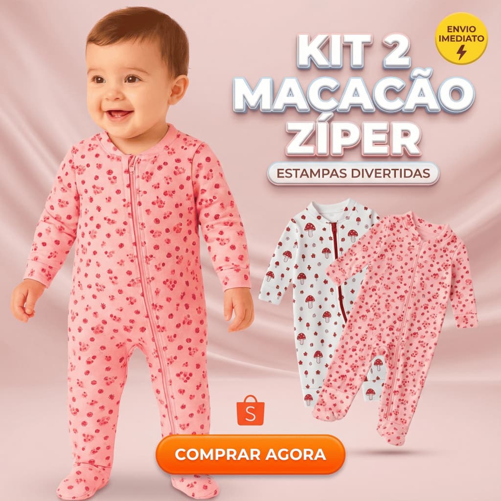 Macacão Estampado Kit 2 Menina Bebê Algodão Zíper Vira Pé Inverno Infantil Macio Macacões