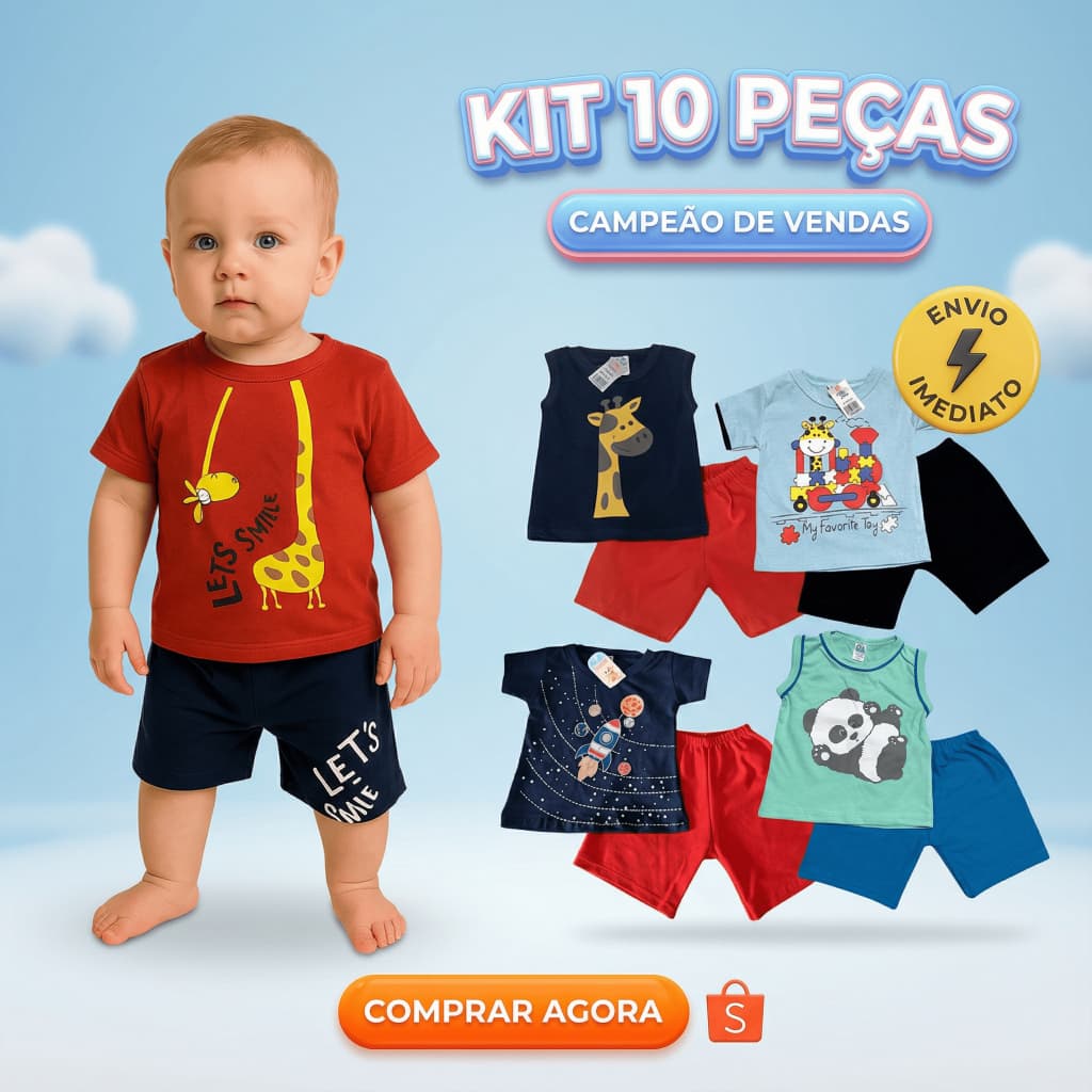 Kit 10 Peças de Roupas Menino Conjunto Infantil Verão 5 Camisas + 5 Bermudas Algodão