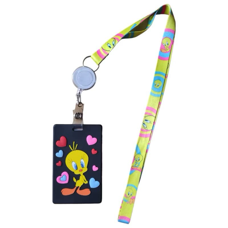 Porta-Crachá Infantil Piu Piu Looney Tunes - Kit com Cordão e Clip Retrátil | Identificador Vertical Escolar