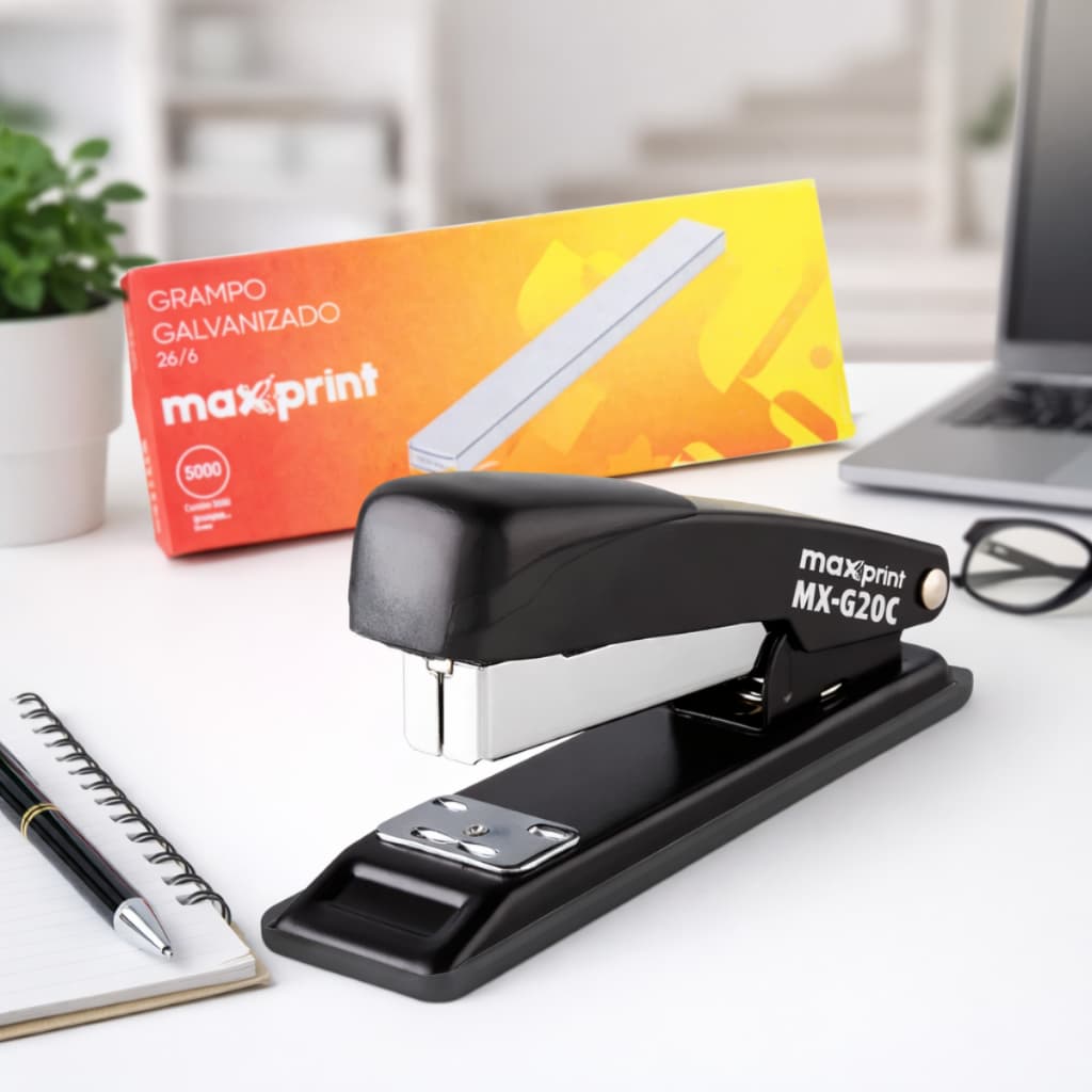Kit Grampeador Metálico Escolar E Escritório Mx-g20c Com Caixa de Grampos de 5.000un - Maxprint