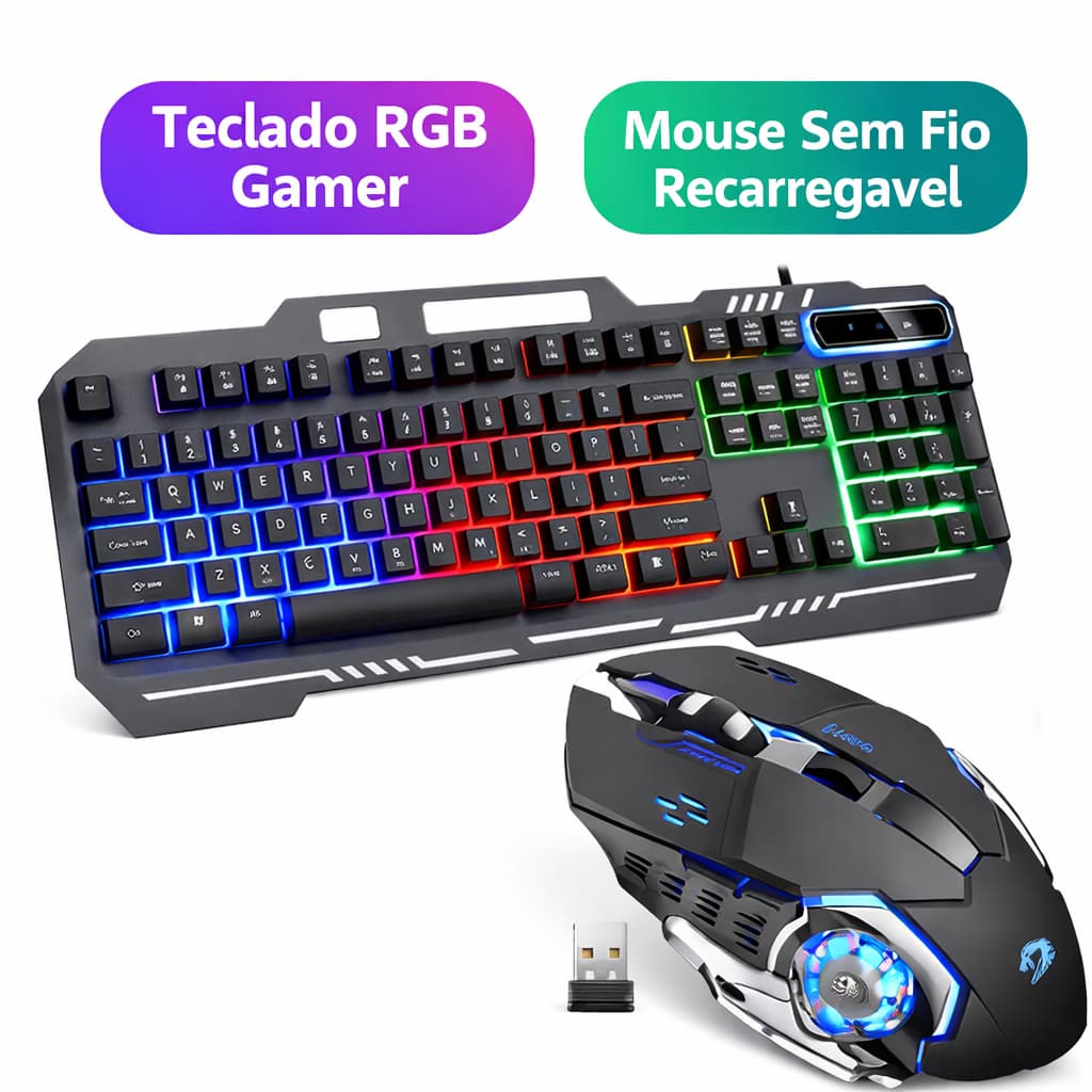 Kit Gamer Teclado RGB Semi-Mecânico com Fio + Mouse Gamer Sem Fio Recarregável 6 Botões
