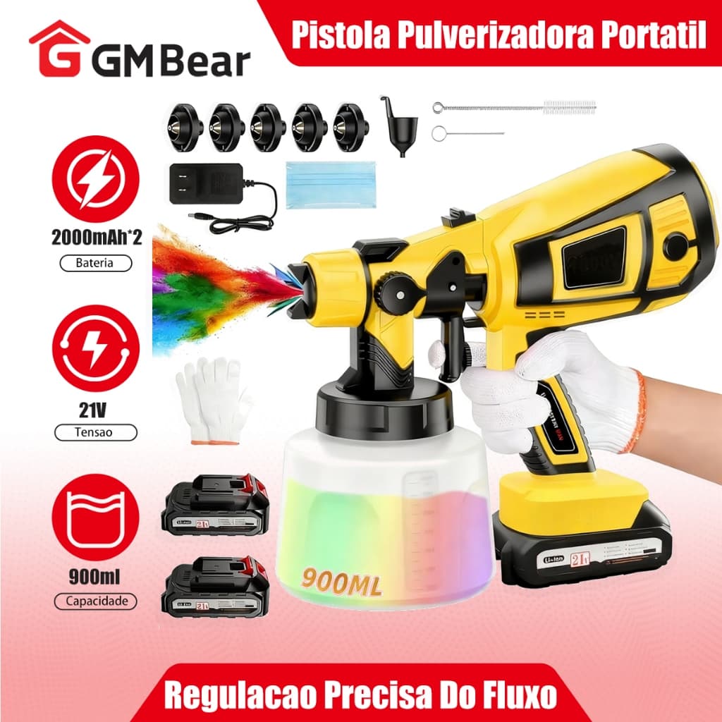 GM Bear Pistola de Pintura e 21v Pulverizadora Portátil com 2 Bateria 5 Nozzles e 3 Modos de Pulverização, 900ml