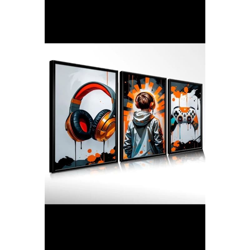 Trio de Quadros Gamer Street Art - Orange & Black Edition | H.E.P Decore