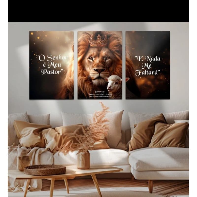 Quadro Decorativo Triptico Leão e Cordeiro - Salmo 23 - 60x40cm - H.E.P Decore