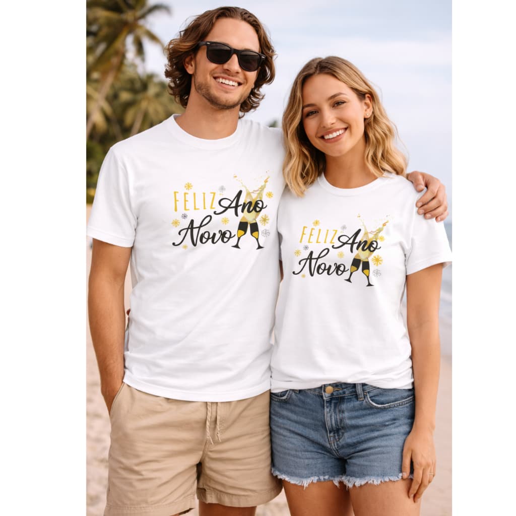 Camiseta Feliz Ano Novo Masculina e Feminina Algodão Estampada