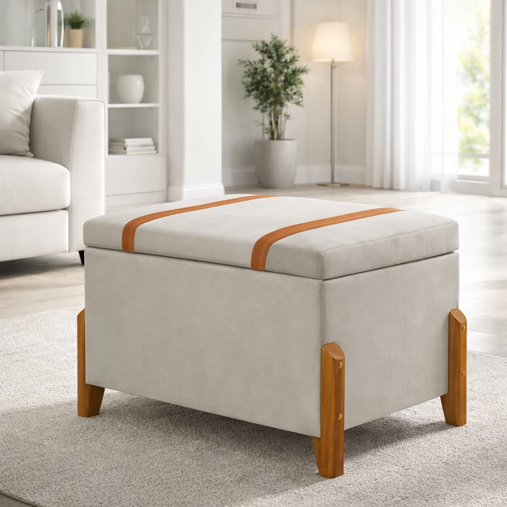 Recamier Puff Baú Pés Madeira Decorativo Sala Nicho Organizador Quarto Calçadeira Roupas Penteadeira