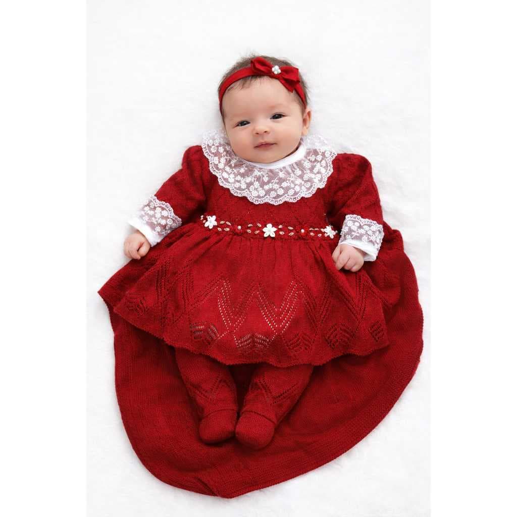 Saída Maternidade Menina Floral 4 Peças Roupa de Bebê Tricot Completa Vestido Calça Manta Body