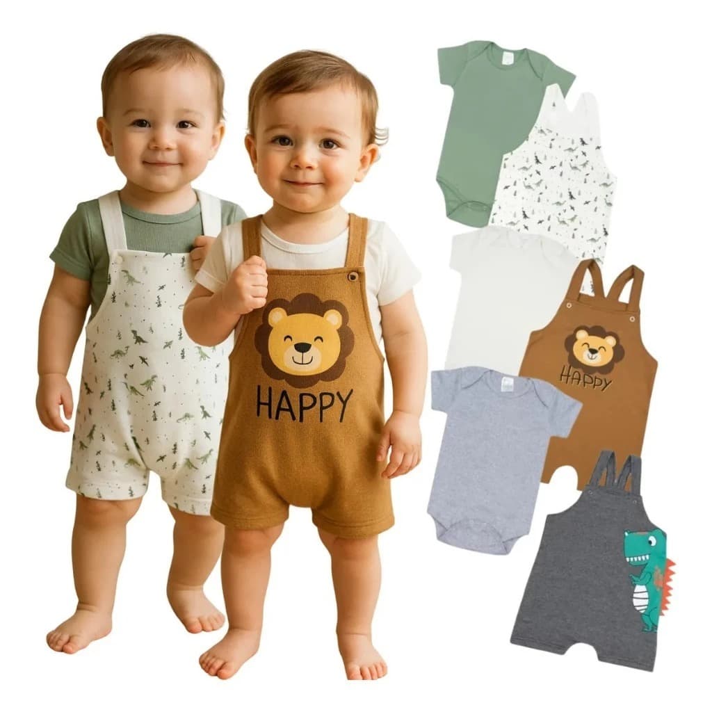 Conjunto Jardineira Menino Manga Curta Sortido Roupa de Bebê Verão