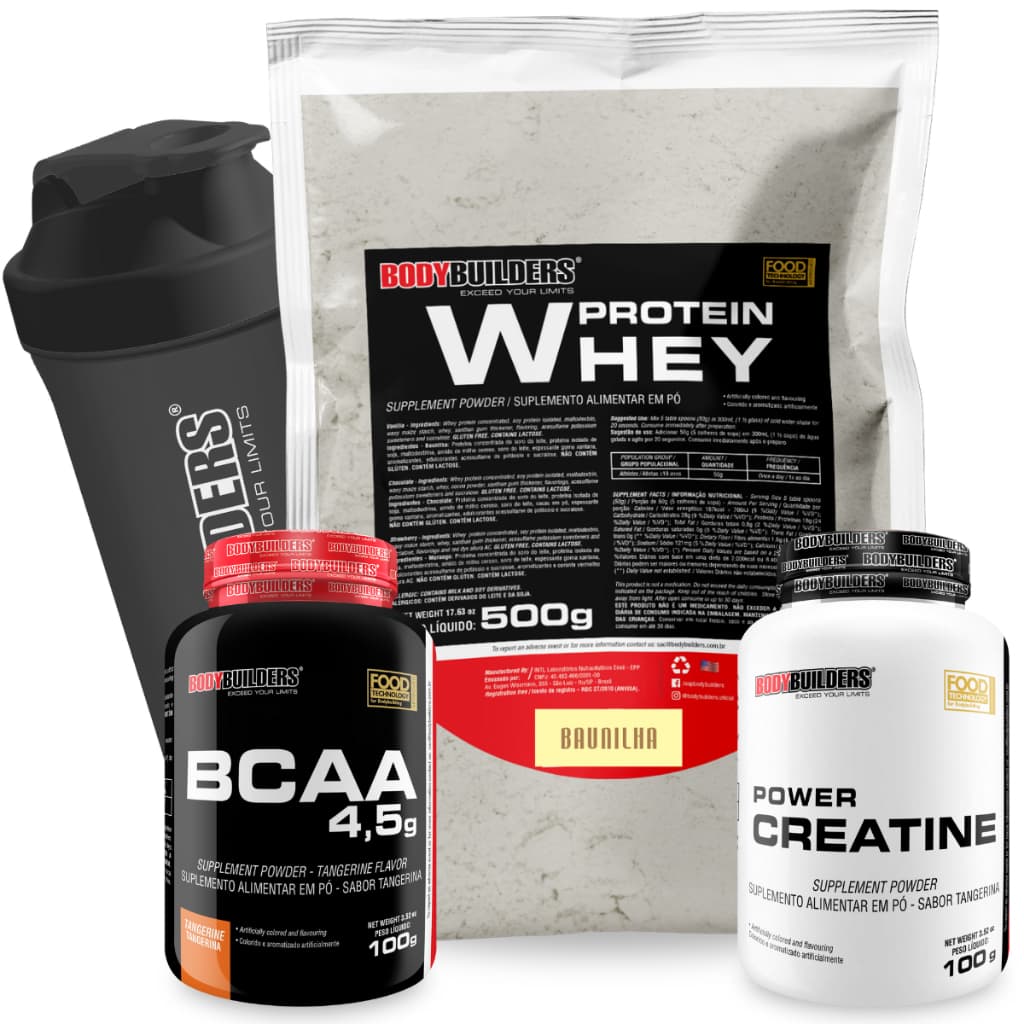 Kit Whey Protein Concentrado 500g + BCAA 100g + Power Creatina 100g + Coqueteleira - Bodybuilders