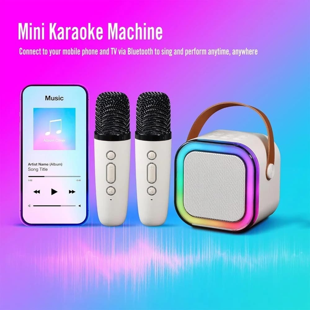 Mini Caixa de Som Karaoke Dois Microfones Sem Fio Bluetooth Luzes Led Feminino Masculino