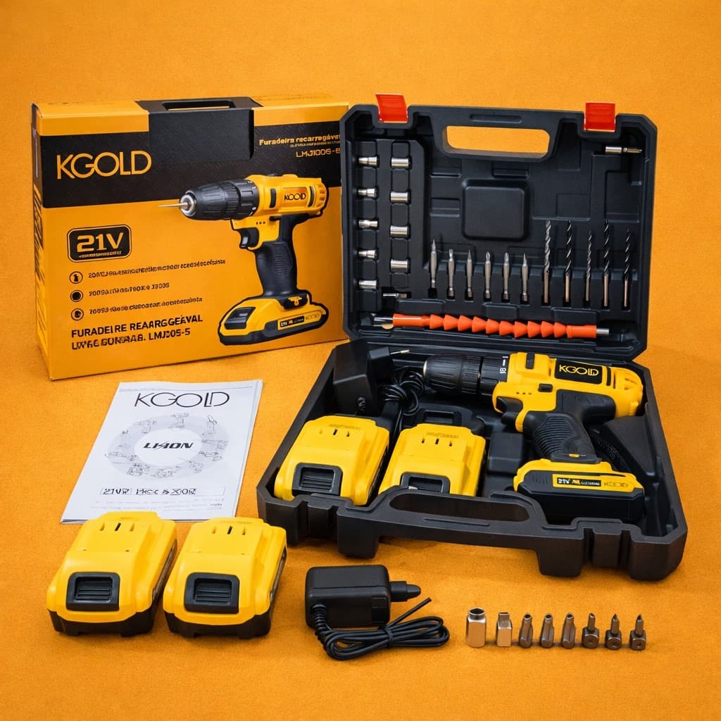 Kit Parafusadeira Furadeira de Impacto KGOLD 21V com 2 Baterias + Maleta + 28pcs Bivolt 110/220V