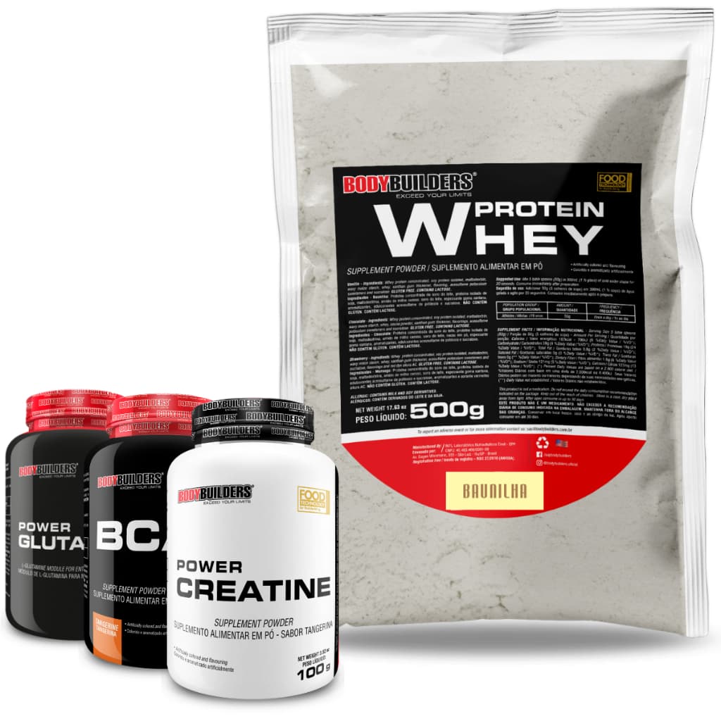 Kit Whey Protein 500g + Power Creatina 100g + Power Glutamina 100g + BCAA 100g - Bodybuilders